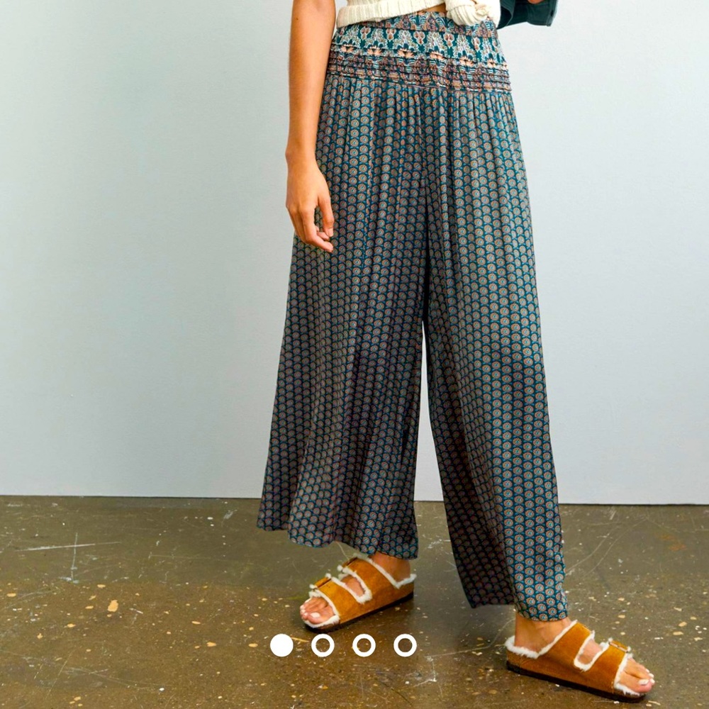 Anthropologie Teal and Navy Wide-Leg Printed Pants